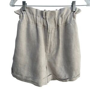 POSSE Linen Paperbag Waist High Rise Shorts XS Beige Roll Cuff
